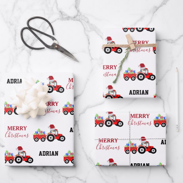 Red Christmas Tractor Truck Farm Custom Name  Wrapping Paper Sheet (Front)