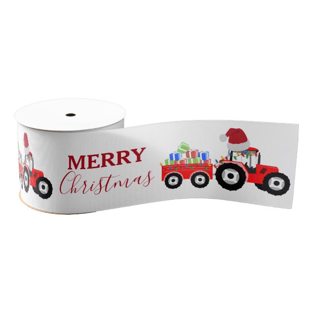 Red Christmas Tractor Truck Farm  Grosgrain Ribbon (Spool)