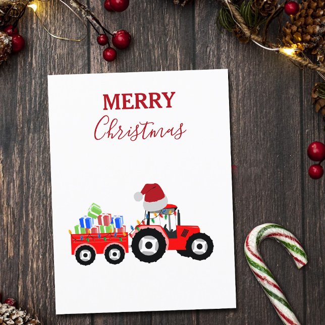 Red Christmas Tractor Truck Farm Holiday Postcard (Creator Uploaded)