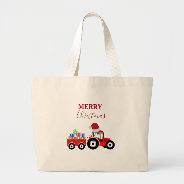 Red Christmas Tractor Truck Farm Large Tote Bag (Front)