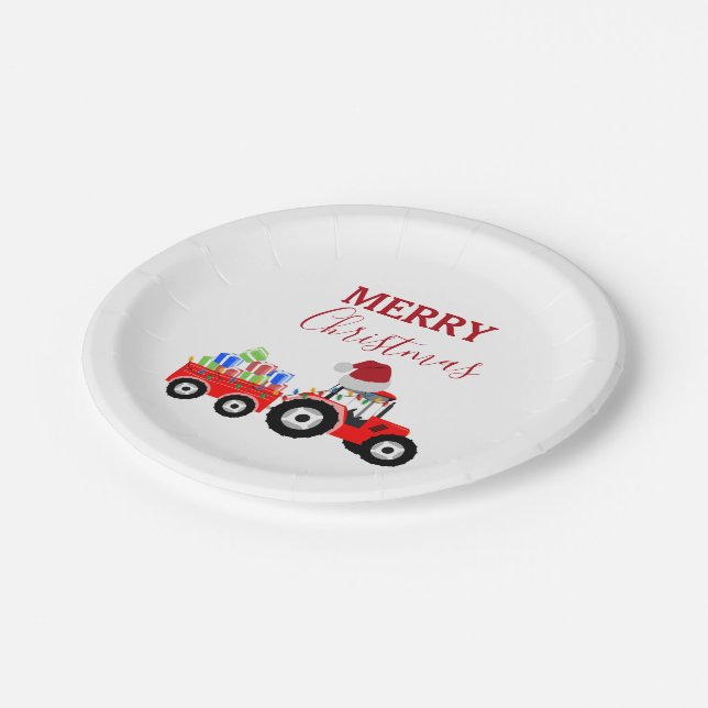 Red Christmas Tractor Truck Farm Paper Plate (Angled)
