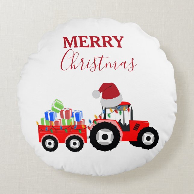 Red Christmas Tractor Truck Farm Round Cushion (Front)