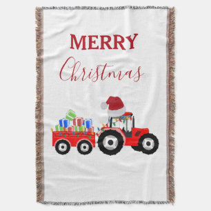 Red Christmas Tractor Truck Farm Throw Blanket