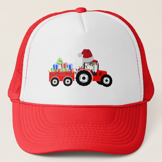 Red Christmas Tractor Truck Farm   Trucker Hat (Front)