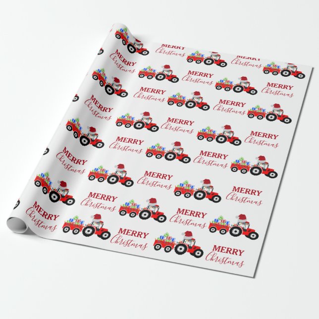 Red Christmas Tractor Truck Farm  Wrapping Paper (Unrolled)