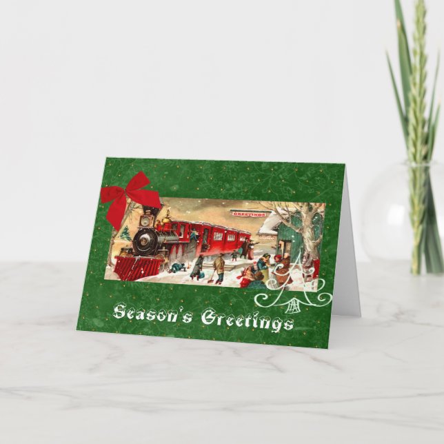 Red Christmas Train Engine Green Background Holiday Card (Front)