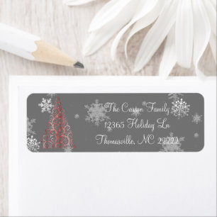 Red Christmas Tree and Snowflakes Label