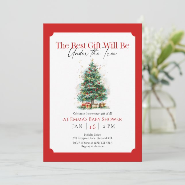 Red Christmas Tree Baby Shower Invitation (Standing Front)