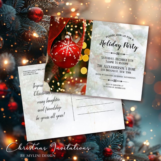 Red Christmas Tree Ball - Christmas Party Invitation Postcard (Creator Uploaded)