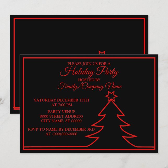 Red Christmas Tree Black Holidays Party Invitation (Front/Back)