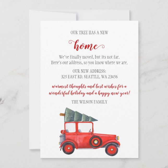 Red Christmas Tree Car We've Moved Holiday Cards (Front)