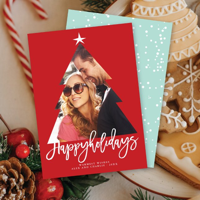 Red Christmas Tree Cutout Happy Holidays Photo Holiday Card (Creator Uploaded)