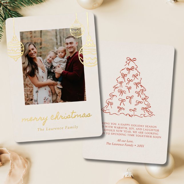 Red Christmas Tree Doodle Coquette Bow Gold Foil Holiday Card (Red Christmas Tree Doodle Coquette Bow Gold Foil Holiday Card)