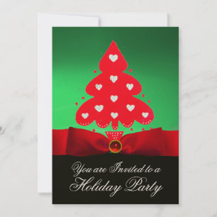 Red Christmas Tree ,Green Black Damask Party Invitation