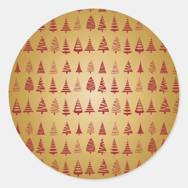 Red Christmas tree modern on Gold Classic Round Sticker (Front)