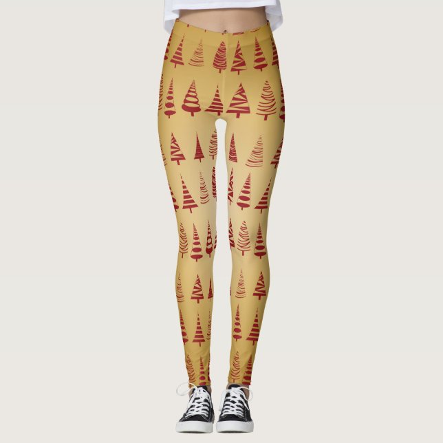 Red Christmas tree modern on Gold Leggings (Front)