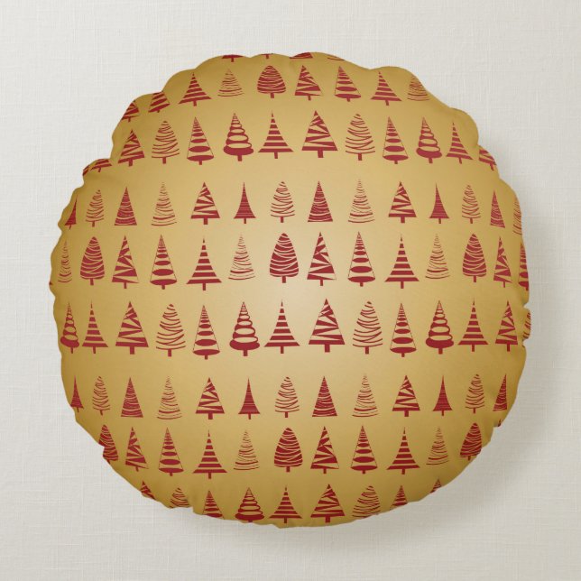 Red Christmas tree modern on Gold Round Cushion (Front)