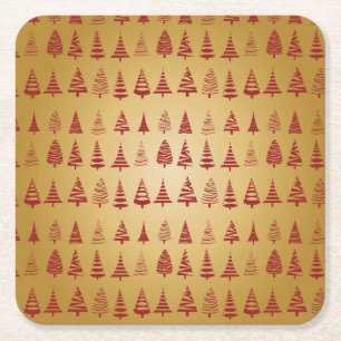 Red Christmas tree modern on Gold Square Paper Coaster