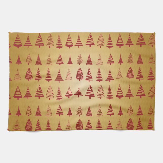 Red Christmas tree modern on Gold Tea Towel (Horizontal)