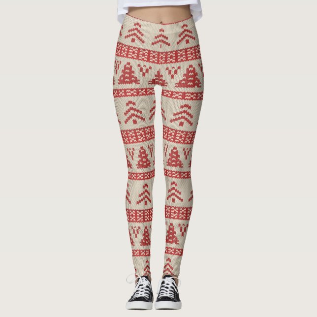 Red Christmas Tree Nordic Knit Sweater Pattern Leggings (Front)