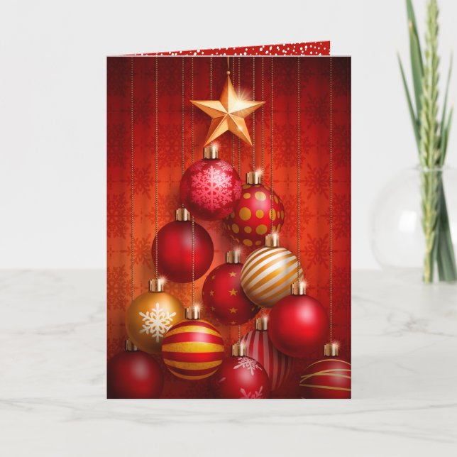 Red Christmas Tree Ornaments Folded Holiday Card (Front)