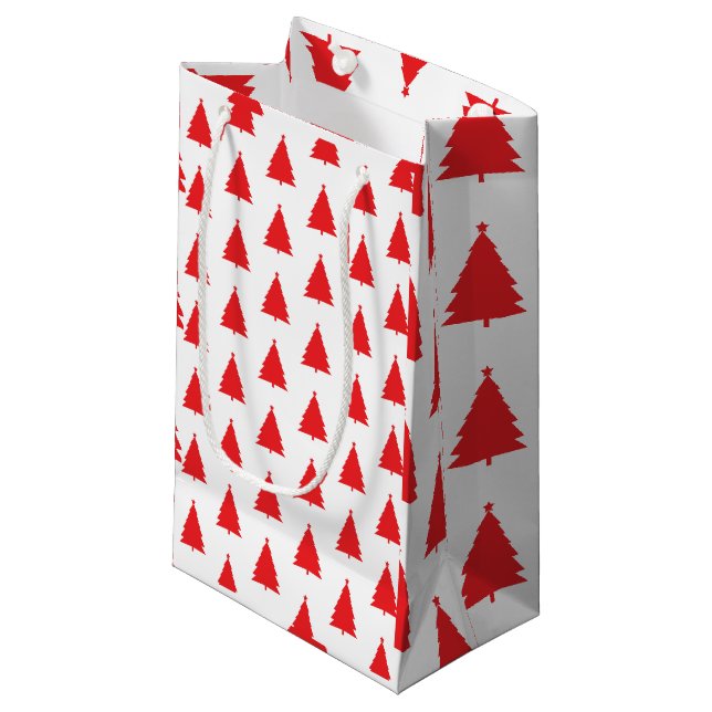 Red Christmas Tree Pattern On White Small Gift Bag (Front Angled)