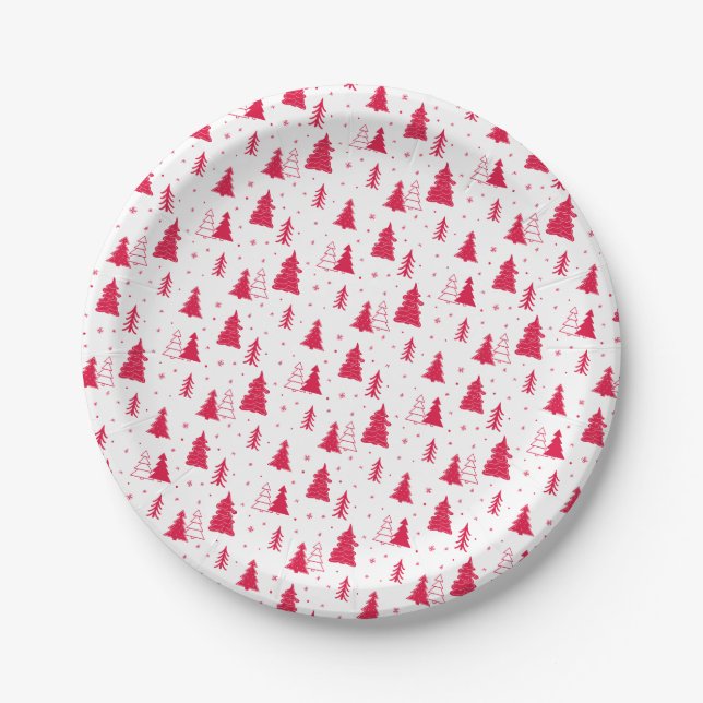 Red Christmas Tree Pattern Paper Plate (Front)