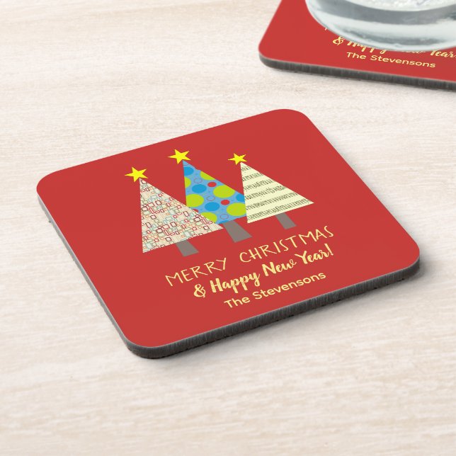 Red Christmas Tree Personalised Coaster (Left Side)