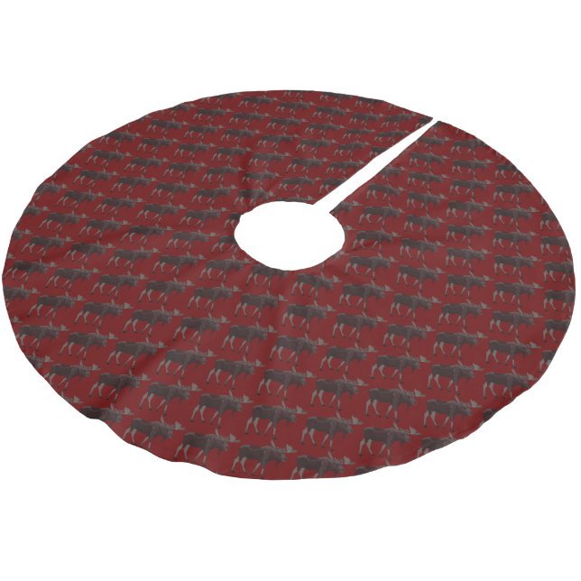 Red Christmas Tree Skirt Holiday Moose Decor (Angled)