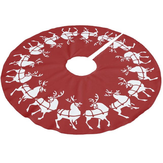 Red Christmas Tree Skirt Holiday Reindeer Decor (Angled)