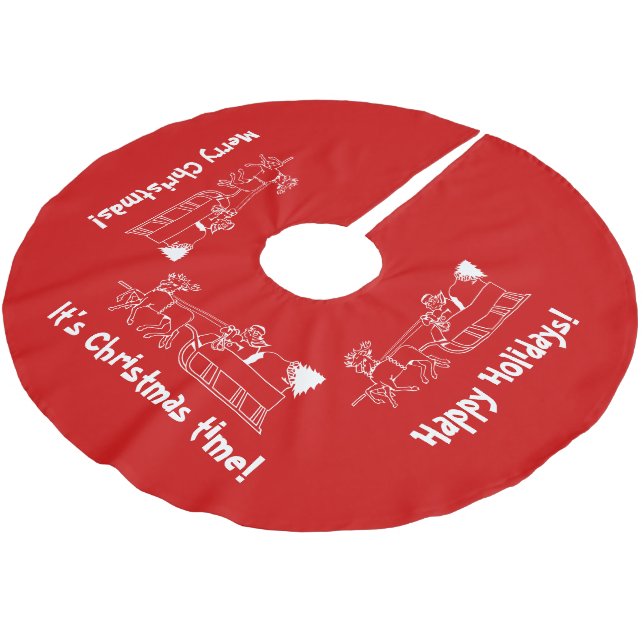 Red Christmas tree skirt with Santa sleigh ride (Angled)