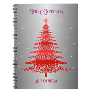 Red Christmas Tree Snowflakes Custom Name Silver Notebook