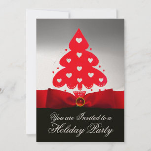 Red Christmas Tree ,White Black Damask Party Invitation