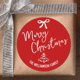 Red Christmas Tree White Hand Drawn Doodles Script Classic Round Sticker