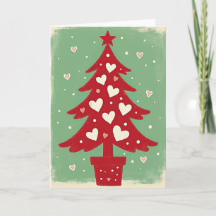 Red Christmas Tree White Hearts Card