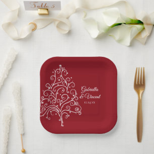 Red Christmas Tree Winter Wedding Paper Plate