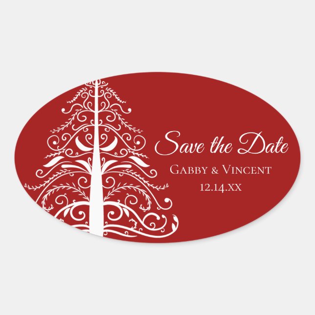 Red Christmas Tree Winter Wedding Save the Date Oval Sticker (Front)