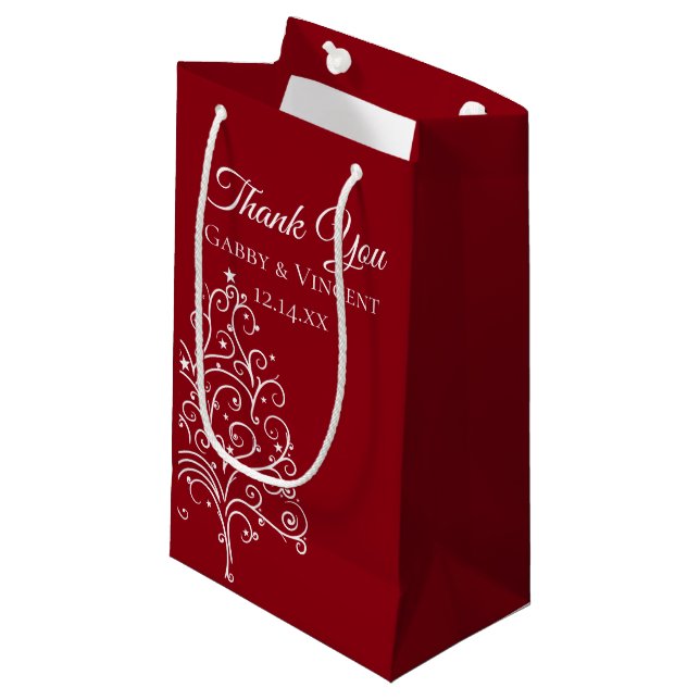 Red Christmas Tree Winter Wedding Thank You Small Gift Bag (Front Angled)