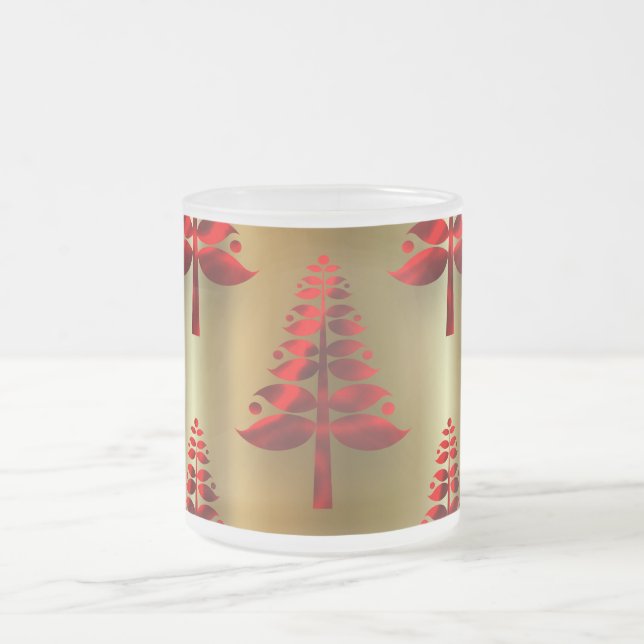 Red Christmas Trees on Gold Frosted Glass Coffee Mug (Center)