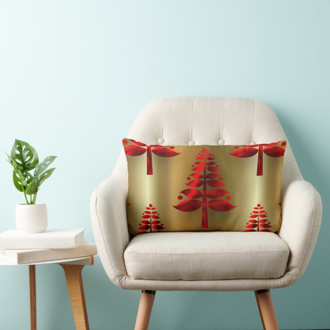 Red Christmas Trees on Gold Lumbar Cushion (Chair)