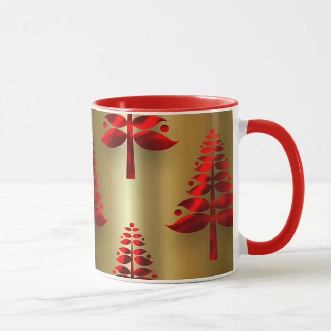 Red Christmas Trees on Gold Mug (Right)