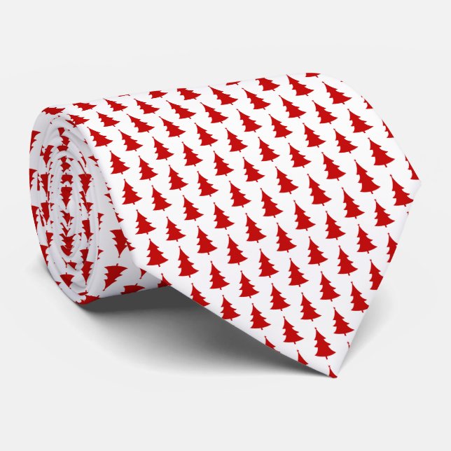 Red Christmas Trees on White Background Pattern Tie (Rolled)
