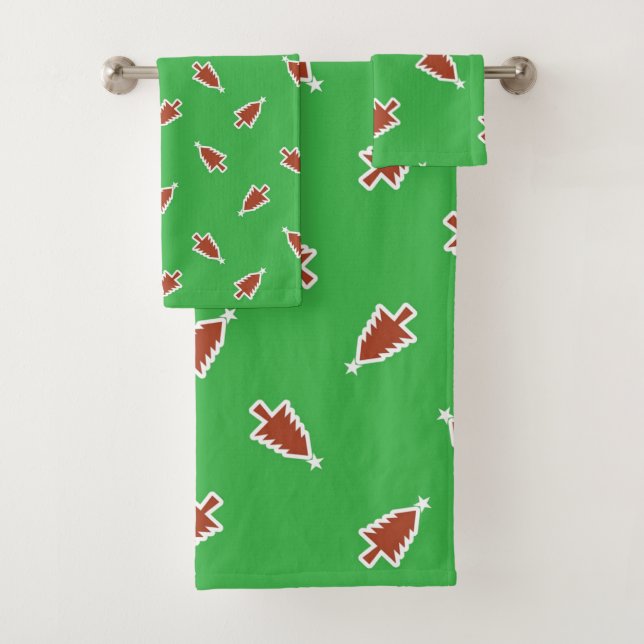 Red Christmas trees pattern green Bath Towel Set (Insitu)