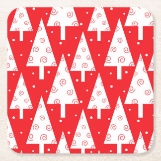 Red Christmas Trees Pattern Square Paper Coaster