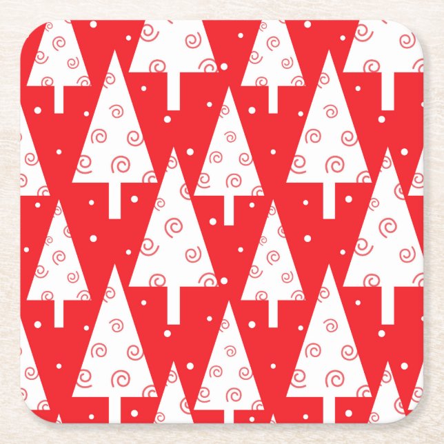 Red Christmas Trees Pattern Square Paper Coaster (Front)