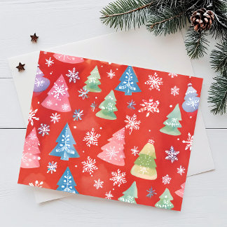 Red Christmas Trees Watercolor Holiday Postcard