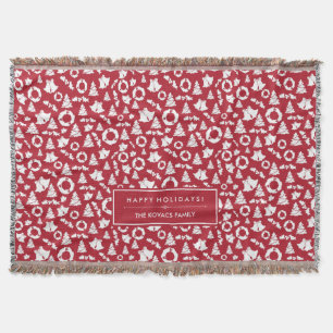 Red Christmas Trees Wreath Bells and Holly Throw Blanket