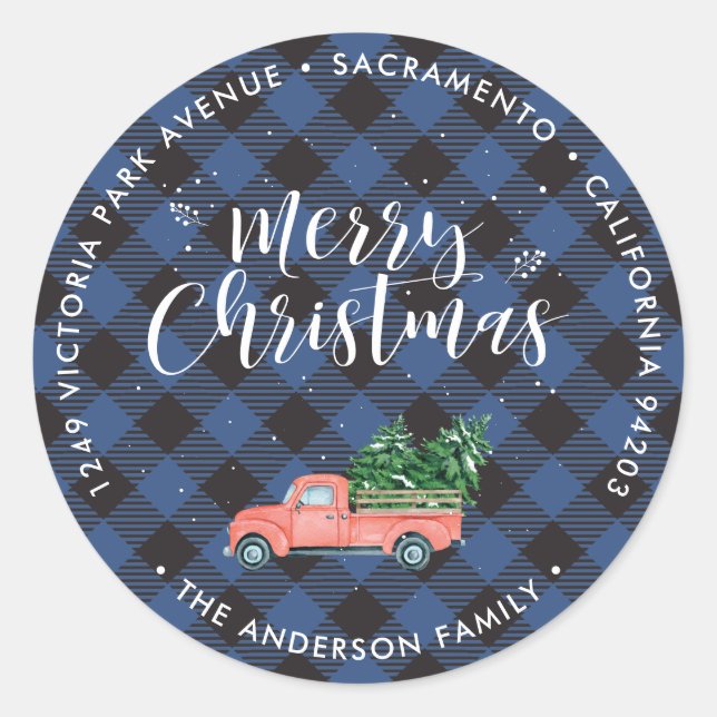 Red Christmas Truck Blue Return Address Labels (Front)