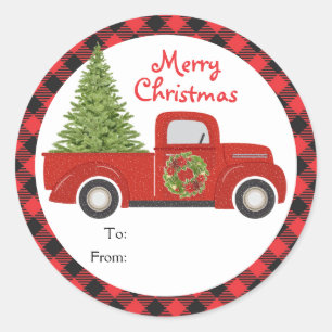 Red Christmas Truck Buffalo Plaid Gift To From Classic Round Sticker