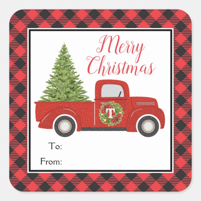 Red Christmas Truck Buffalo Plaid To From Gift Square Sticker (Front)